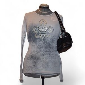 Miss Me Ombré Gray Long Sleeve Henley Top with Metallic Fleur-de-Lis